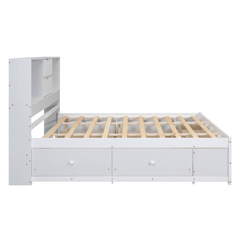 King Size Platform Bed with Storage Headboard & 8 Drawers - White