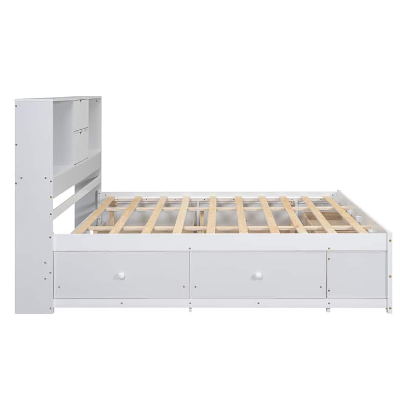 Solid Pinewood Platform Bed Frame with Storage Headboard and 8 Drawers