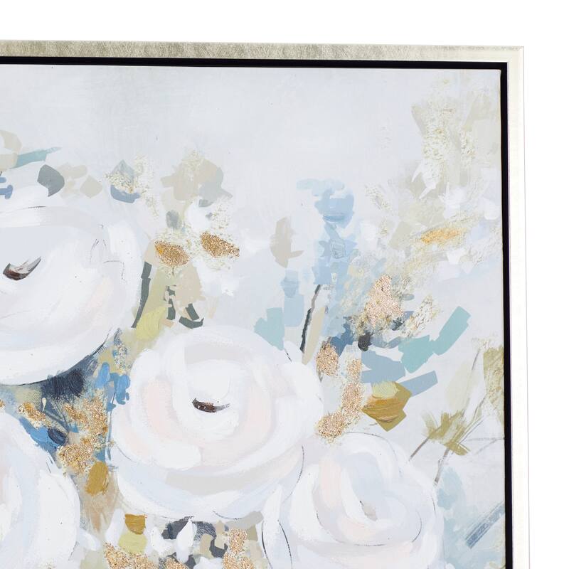 White Canvas Bouquet Floral Framed Wall Art with Silver Frame