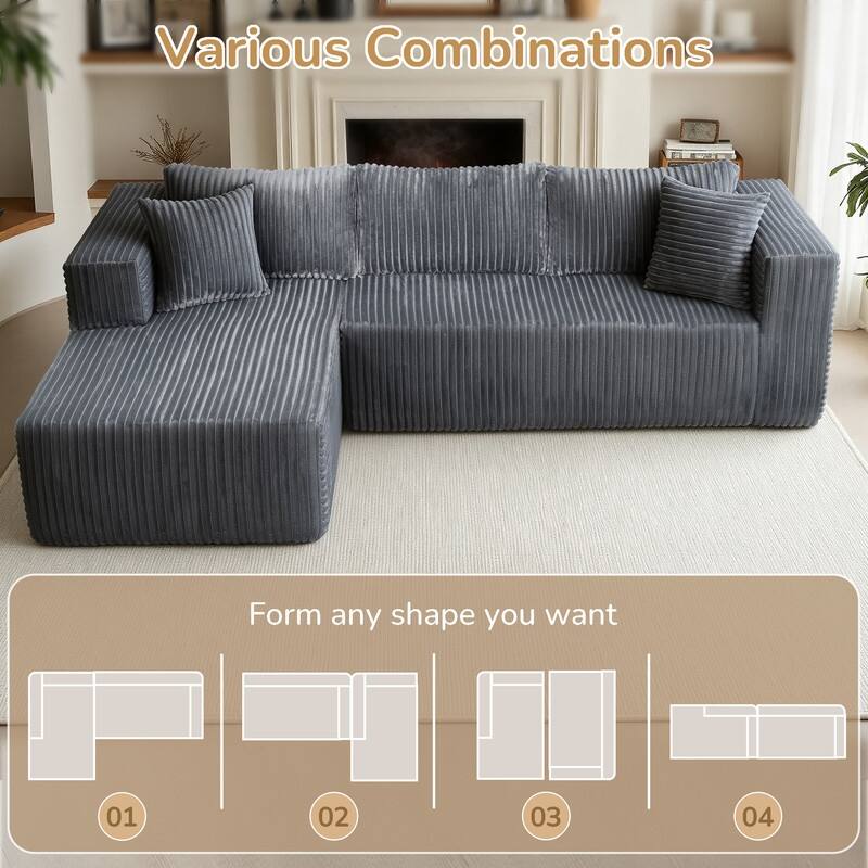 105 in. Wide Square Arm 2-Piece Modern Corduroy Fabric L-Shape Modular Sectional Sofa