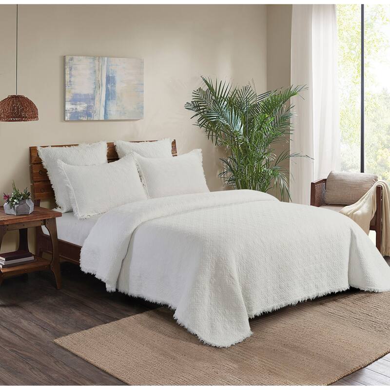 Trellis Cotton Geometric Stitch Quilt Set - Reversible and Machine Washable - 3 Piece - King