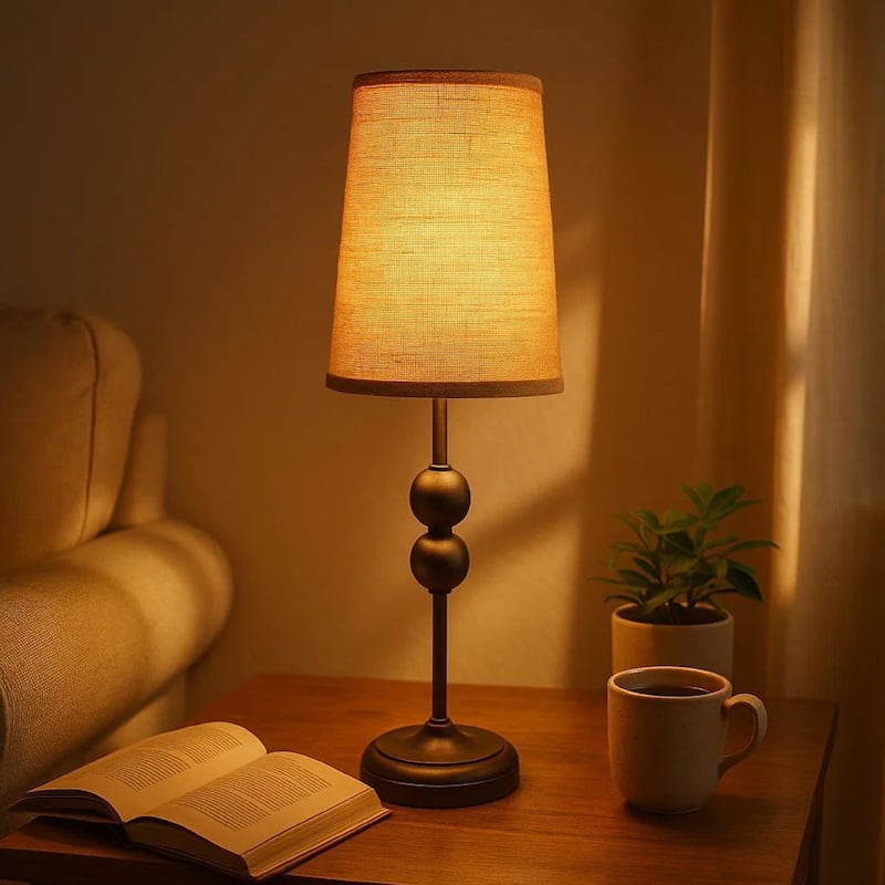 Metal Spindle Design Table Lamp Set of 2 with Cone Shade and Round Base, Black