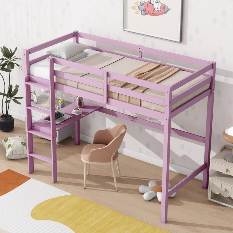 Pink Twin High Loft Bed with Safety Guardrail, Built-in Desk and Ladder, Rubber Wood Construction