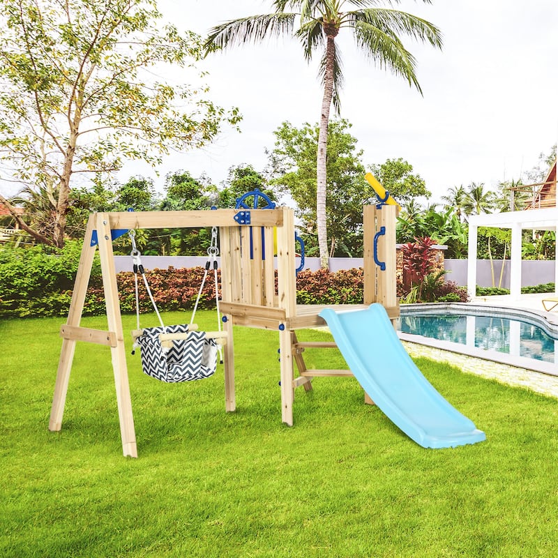3 in 1 Wooden Swing Set Outdoor Playset with Baby Swing Seat,Toddler Slide,Captain's Wheel,Telescope - Natural Wood