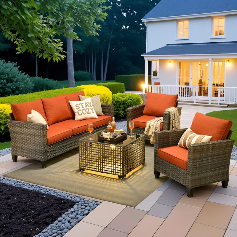 OVIOS 4 Pieces Patio Furniture Wicker Set with Solar-Powered Coffee Table - Orange/Red