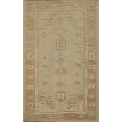 Hand Woven Oriental 100% Wool Carpet Southwestern Tribal Beige & Ivories Kilim Area Rug - 5' 10'' X 4' 2''