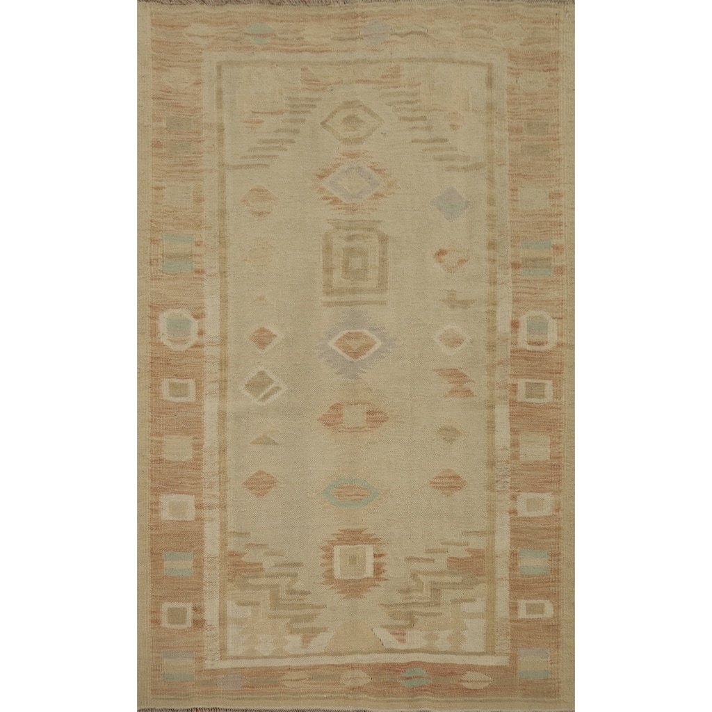 Hand Woven Oriental 100% Wool Carpet Southwestern Tribal Beige & Ivories Kilim Area Rug - 5' 10'' X 4' 2''
