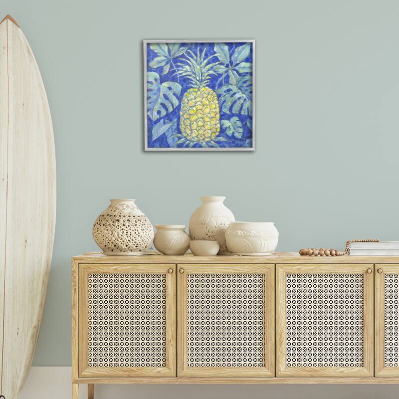 Stupell Tropical Pineapple on Blue Framed Giclee Art Design By Paul Brent