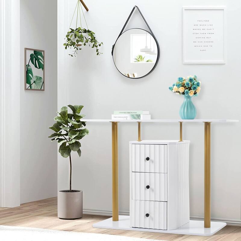 Modern Metal Frame Sofa Console Table, Entryway Table with 3 Drawers White