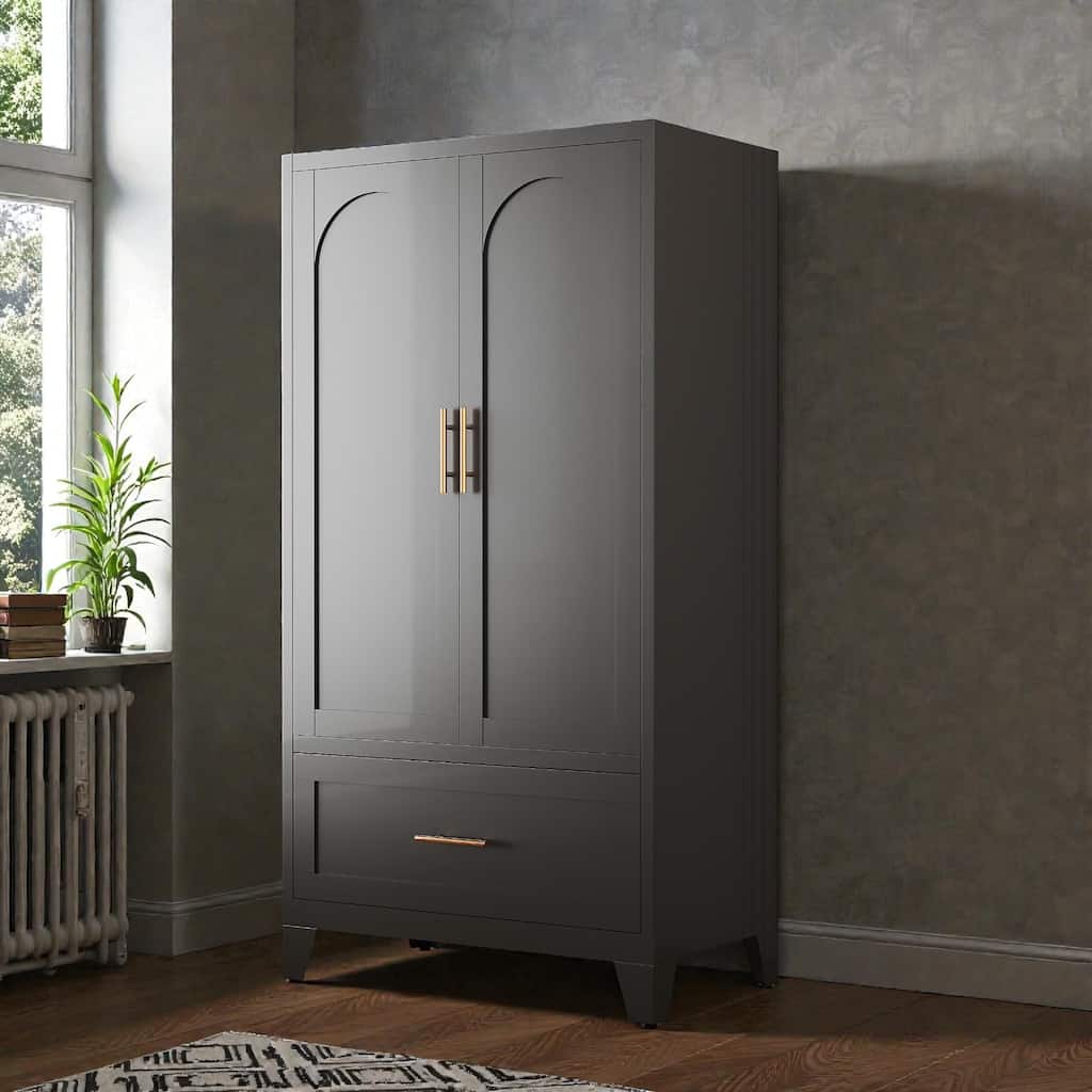 60 Inch Metal Wardrobe Cabinet with Drawer and Hanging Rod, 2 Door Steel Closet Storage with Shelf for Bedroom