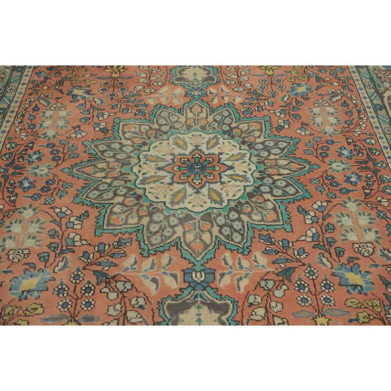 Hand Knotted Oriental 100% Wool Carpet Traditional Medallion Coral Tabriz Area Rug - 9' 9'' X 6' 3''