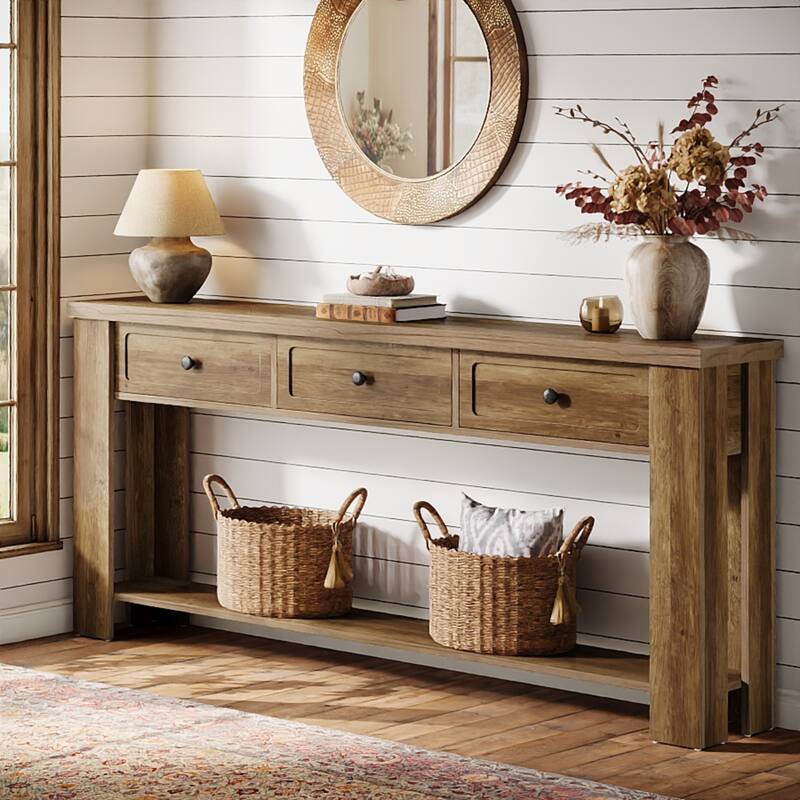 70.9 Inch Extra Long Console Table with 3 Drawers for Entryway, Farmhouse Wood Sofa Table Behind the Couch - Brown