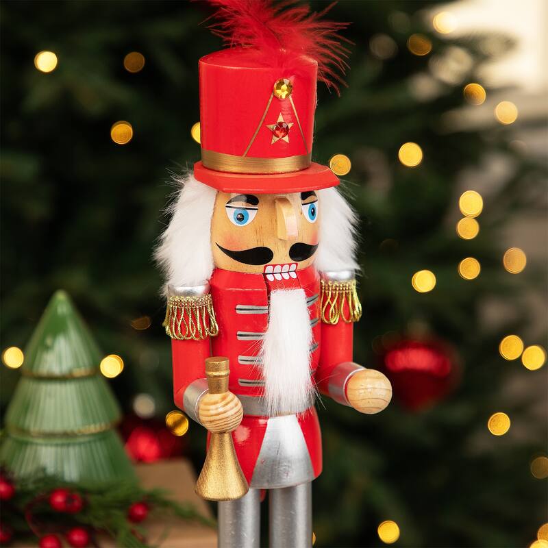 14" Red and White Wooden Christmas Nutcracker with Horn