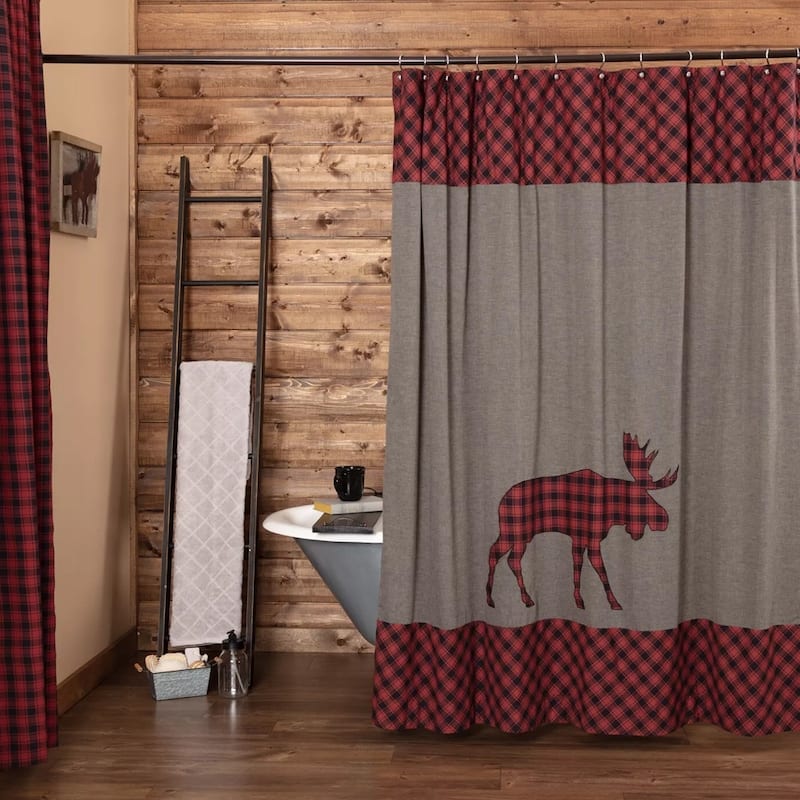 Shower Curtain Cumberland Rustic 72 x 72 Moose Plaid Cotton Bath Red