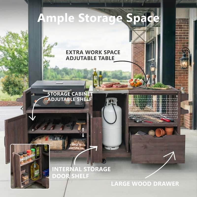 80.5" Solid Wood Outdoor Kitchen Island with Stainless Steel Top, Grill Cart Compatible with Big Green Egg & Blackstone