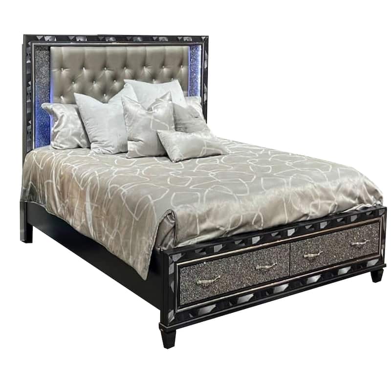 Bet Queen Bed, Storage Drawers, Silver Faux Leather Upholstery, LED, Black