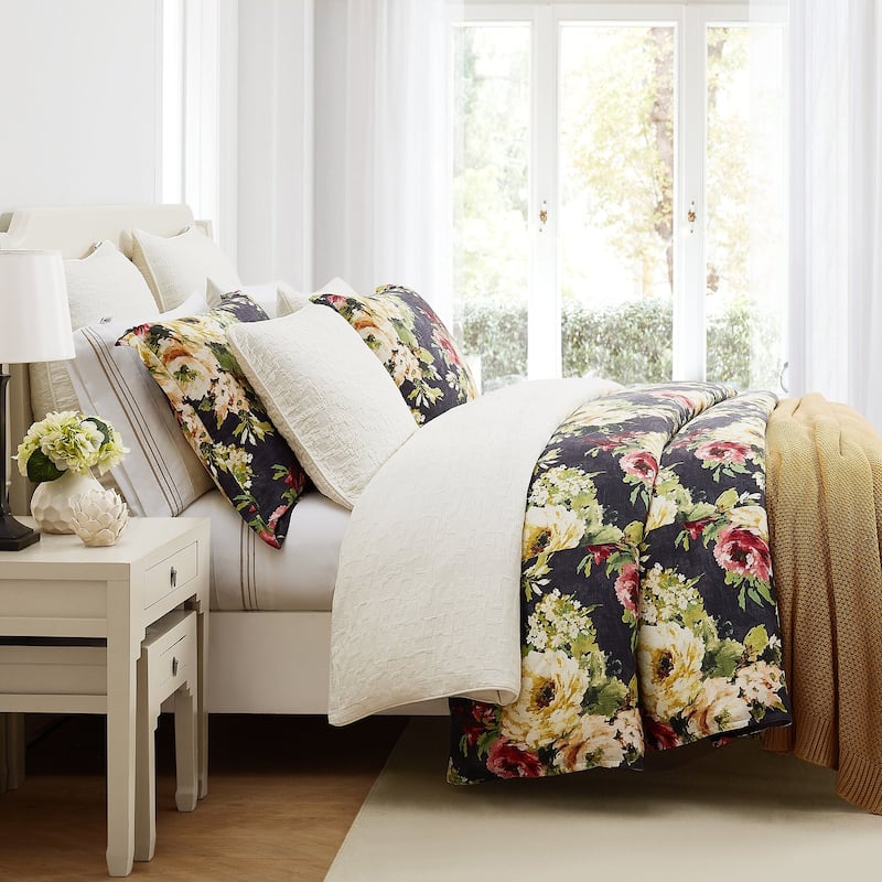 HiEnd Accents Peony Washed Linen Watercolor Floral Bedding Chic Casual 3 Piece Comforter Set - Charcoal - King