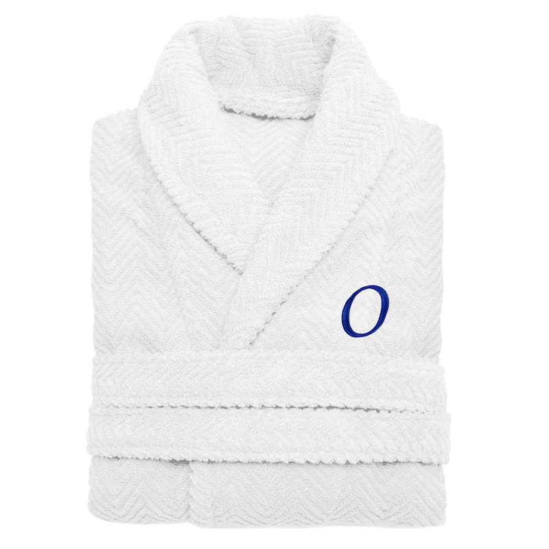 Authentic Hotel and Spa White with Royal Blue Monogrammed Herringbone Weave Turkish Cotton Unisex Bath Robe - S/M - O