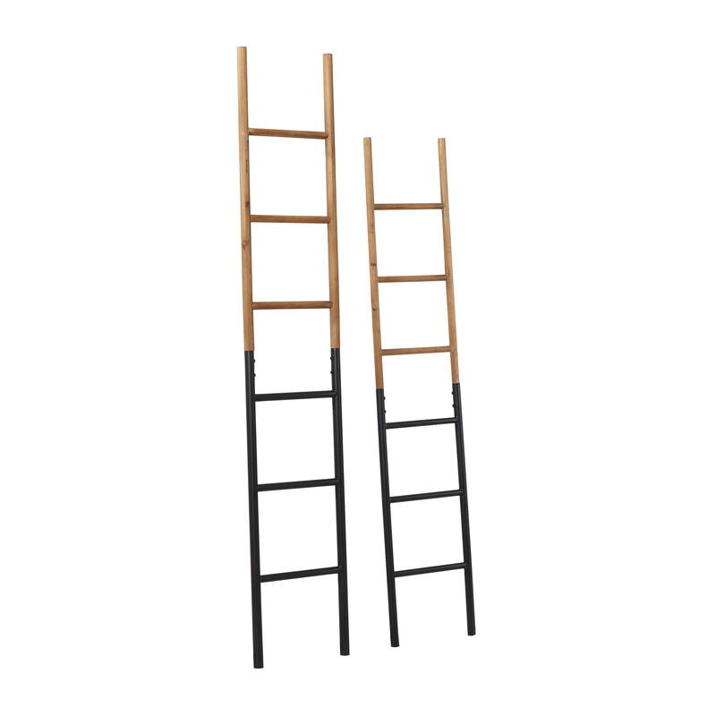 Brown Wood Slim Two-Toned 12 Rug Ladder with Black Metal Bases (Set of 2)