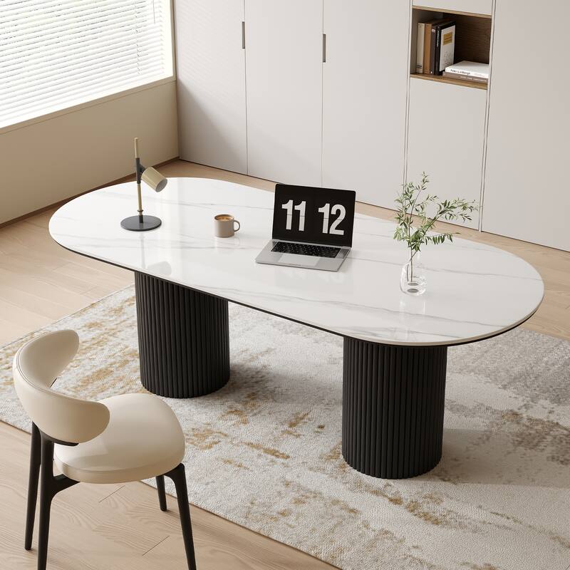 71" Modern Oval Writing Desk,Glossy White Office Table,with Double Solid Wood Legs, 3 Colors Optional