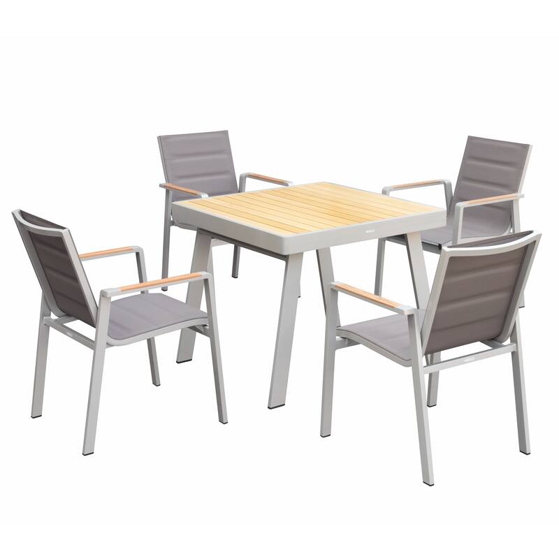 HIGOLD 6801 Nofi Outdoor Dining Set for 4/6 seaters with Grey Cushions/Textile, Aluminum Frame, Imitated Teak Tabletop