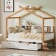 preview thumbnail 9 of 8, Twin Size Wooden House Bed with Two Drawers & Bookshelf Storage, White & Natural Wood Frame for Kids & Guest Rooms