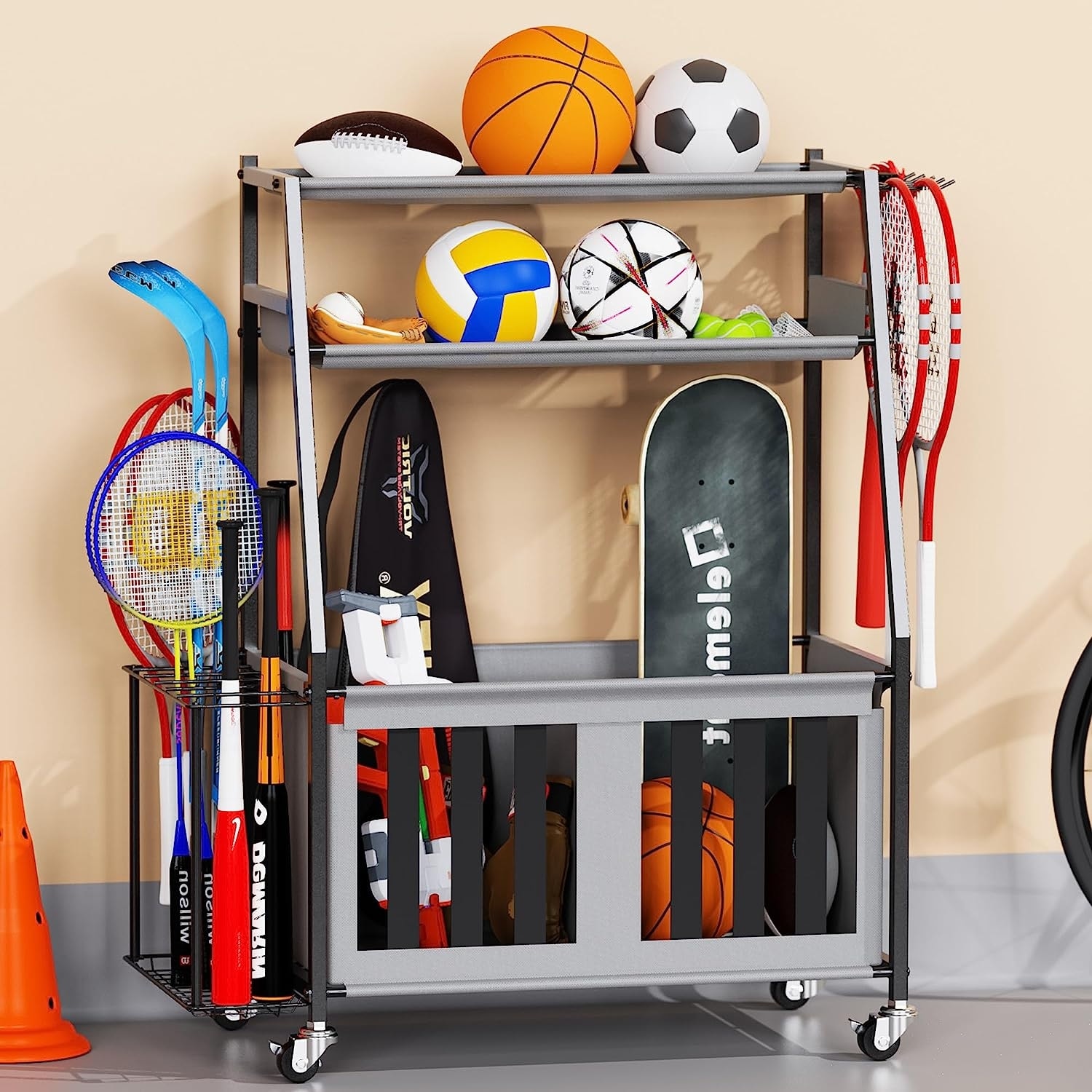 Sttoraboks Garage Sports Equipment Organizer, Ball Storage Organizer with  Bat Rack and Hooks for Indoor/Outdoor