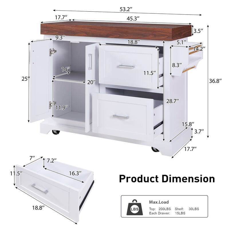 53" Large Kitchen Island with 3.5" Thick Desktop, Spice and Towel Racks, Kitchen Island with Storage on 5 Wheels, 2 Drawers