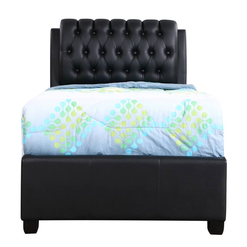 Twin Bed with Padded Headboard - Rustic Black Faux Leather Frame, Boxspring Needed, 41x83x48