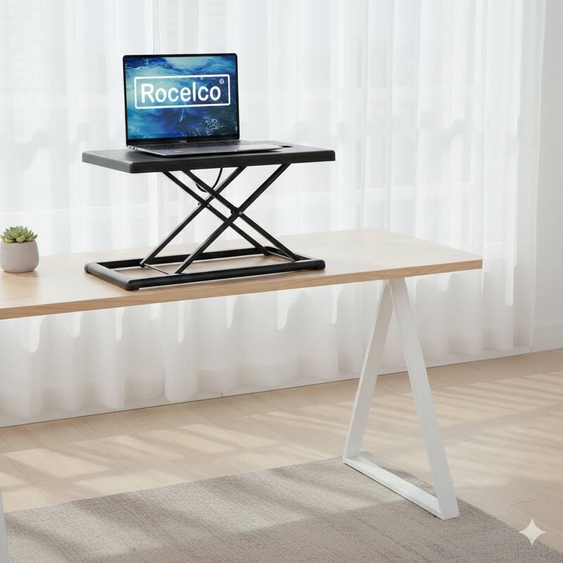 Rocelco 19 in. W Black Portable Standing Desk Riser Converter Height Adjustable Travel Laptop Keyboard Raising Workstation