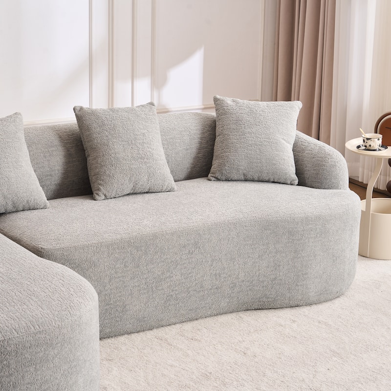 L-Shaped Sectional Sofa with Curved Chaise, Chenille Boneless Cloud Sofa, Modular 4-Seater Sofa with 4 Throw Pillows