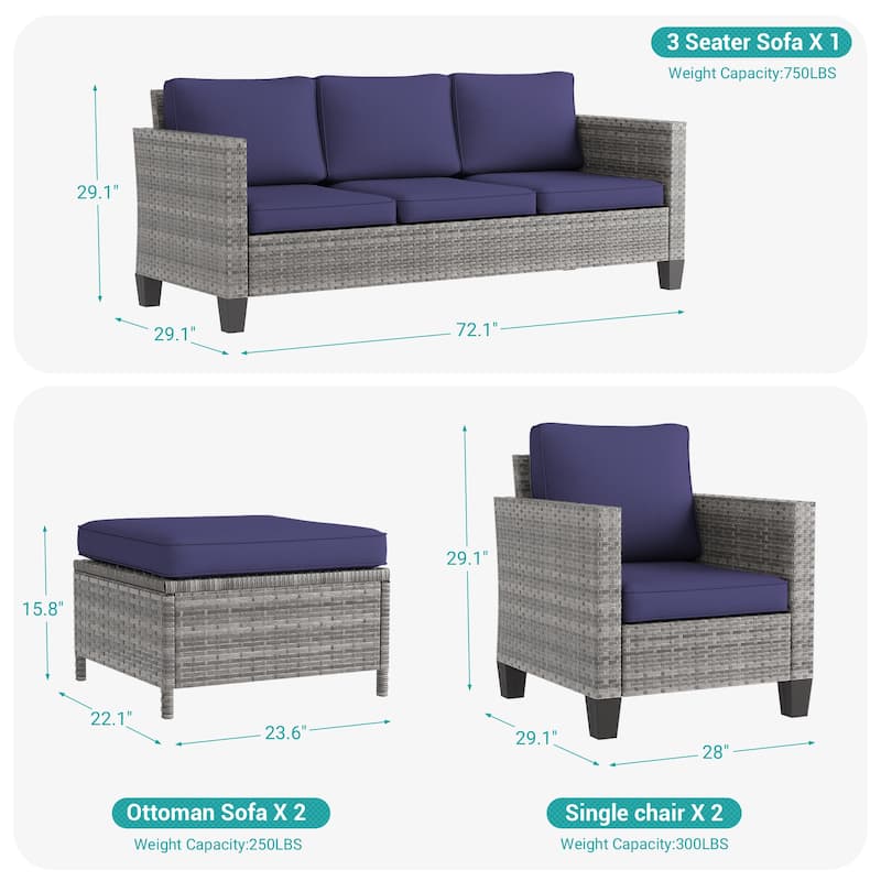 BONOSUKI 5-Piece Patio Sofa Sets Grey Rattan Outdoor Furniture Set