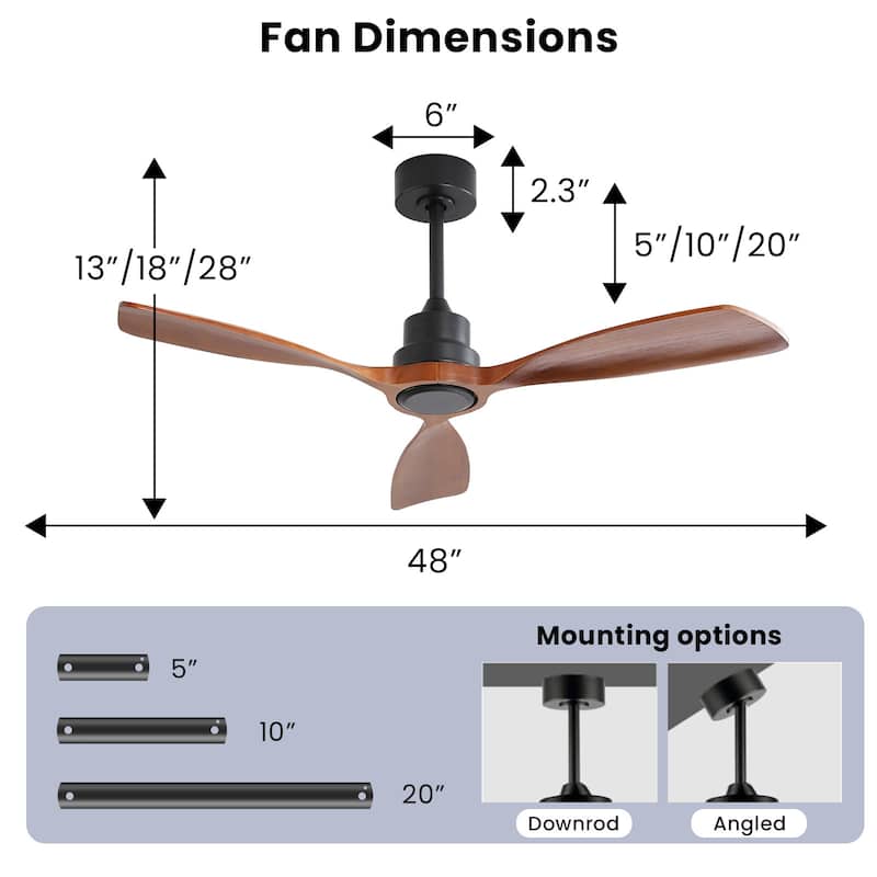 52"/60"/48" Noiseless Walnut Wood Ceiling Fan with Remote Control, Integrated Light Optional