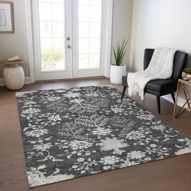 Machine Washable Indoor/ Outdoor Boho Traditional Chantille Rug - Charcoal - 3' x 5'