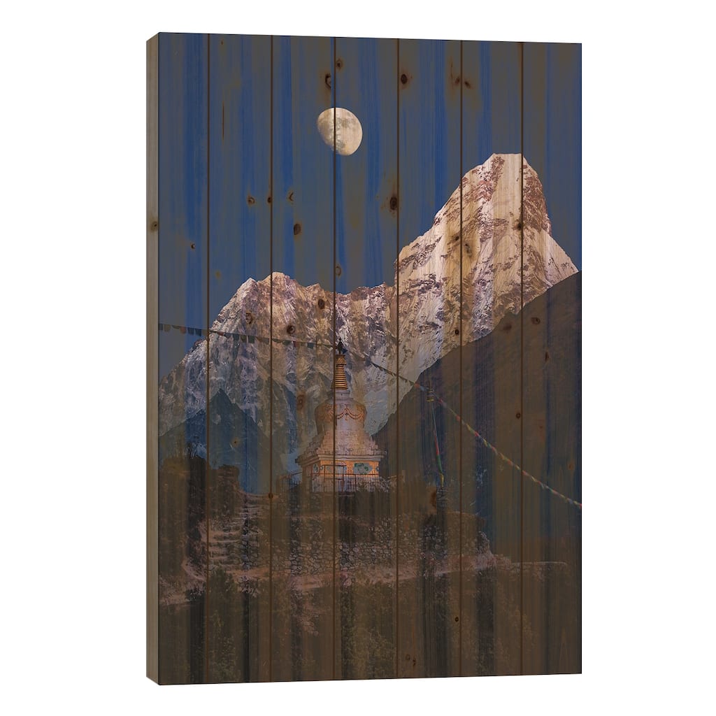 Nepal Himalayas Mount Everest And Moon Blue Hour I Print On Wood by Alex G Perez - Multi-Color