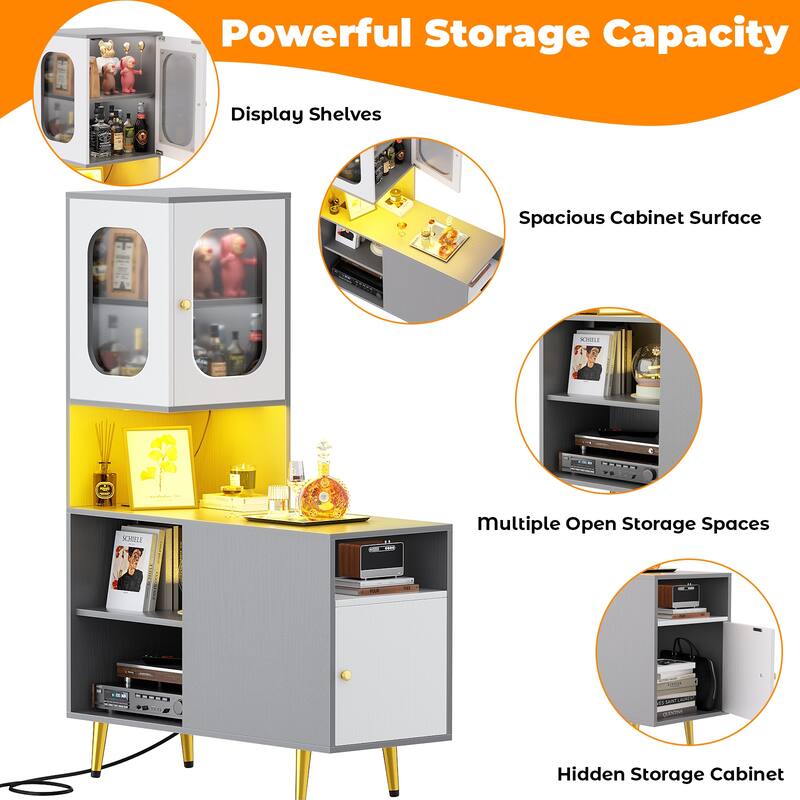 Reversible Corner Storage Cabinet with LED Lights and Power Outlets and Doors,Bed Side Table,Sofa Side Table
