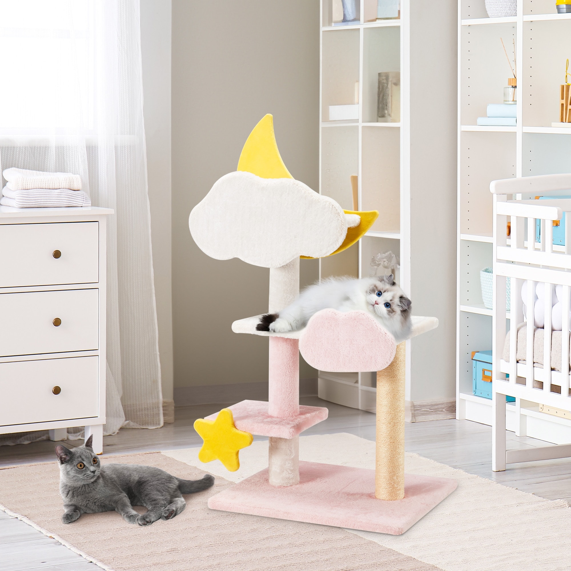 Cat Tree, 39'' Cute Tower with Sisal Scratching Post, Climbing Furniture with Star Cloud Plush Perch, Modern Toy Play Rest
