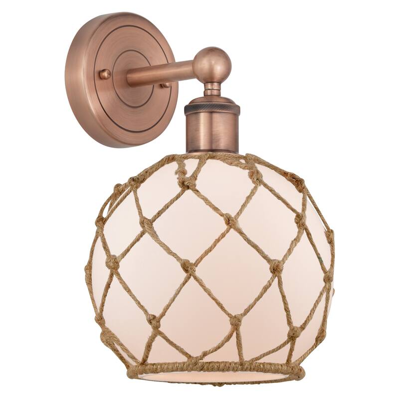 Innovations Lighting 616-1W-13-8 Farmhouse Rope Sconce Farmhouse Rope - Antique Copper / White Glass with Brown Rope