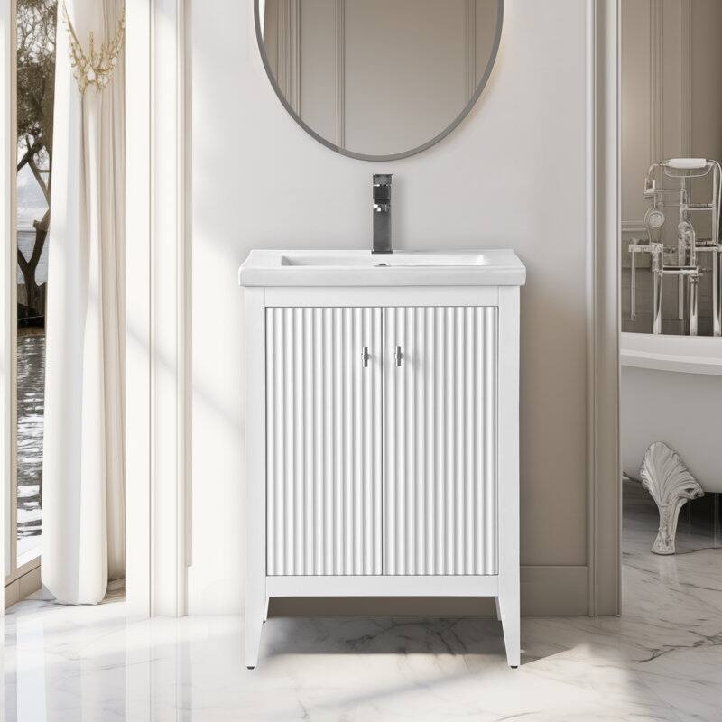 Vanity Art 24" Single Sink Bathroom Vanity Cabinet with Ceramic Top - 24"/Brushed Nickel Handle - Linear White