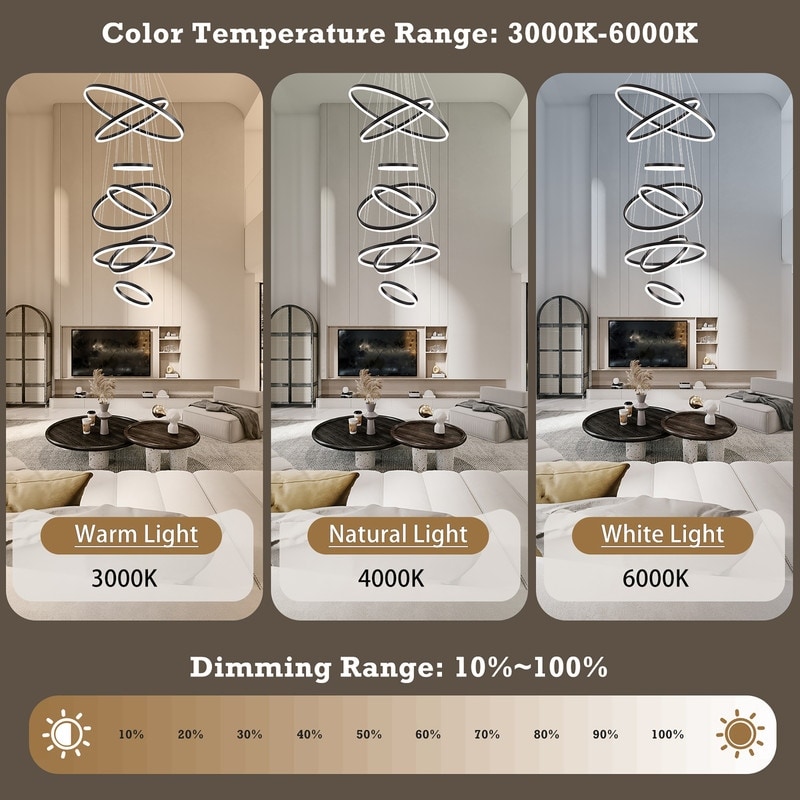 Gold 8 Ring Modern LED High Ceiling Chandelier Dimmable Light Fixture -  31.5x31.5x157in
