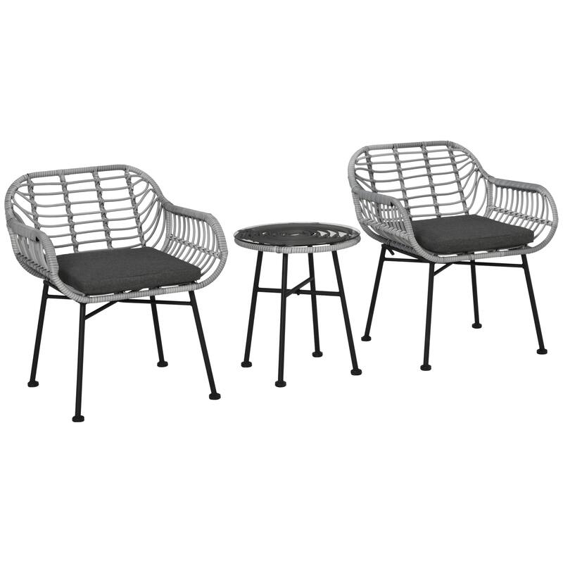 Outsunny 3 Pieces Patio PE Rattan Bistro Set, Outdoor Round Wicker Woven Coffee Set, Conversation Furniture Set