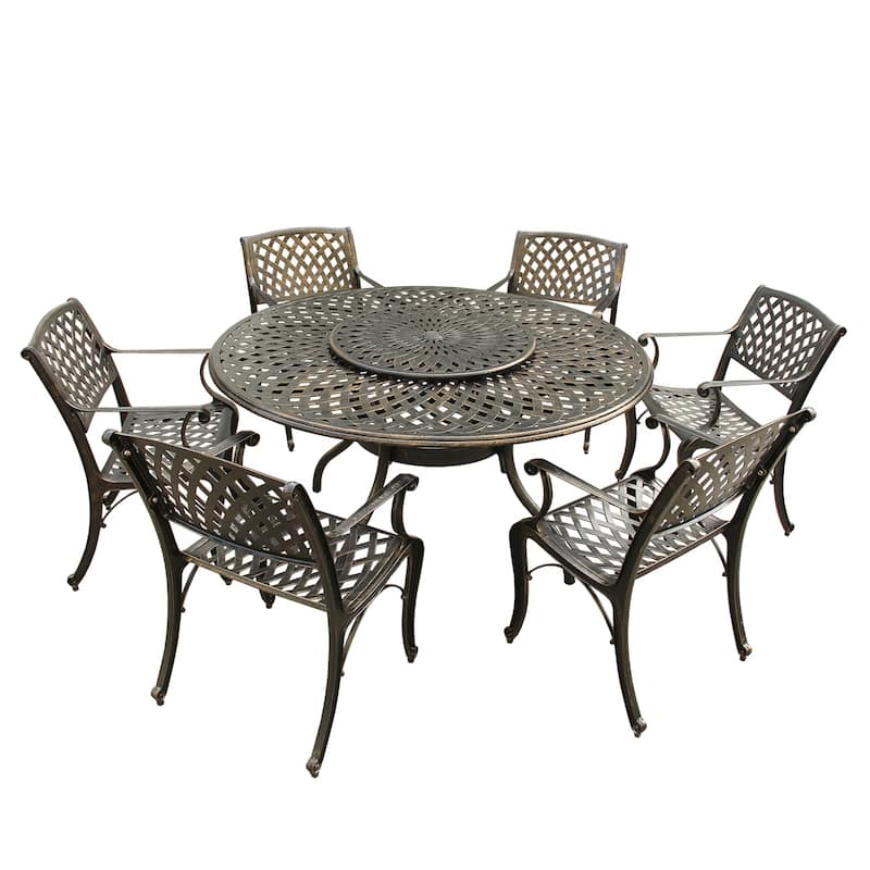 Outdoor Lattice 59-in. Round Dining Set with Lazy Susan and Six Chairs - Bronze