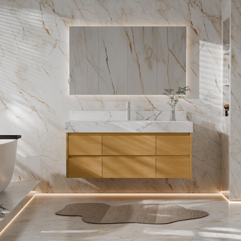 Modland 48" Wall-Mount Bathroom Vanity with 6 Soft-Close Drawers, LED Lighting & Marble Top - 48 inch