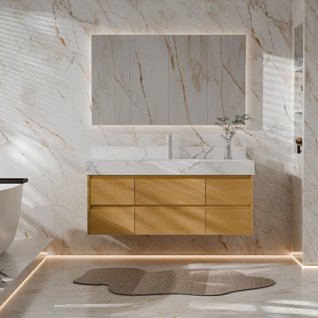 Modland 48" Wall-Mount Bathroom Vanity with 6 Soft-Close Drawers, LED Lighting & Marble Top - 48 inch