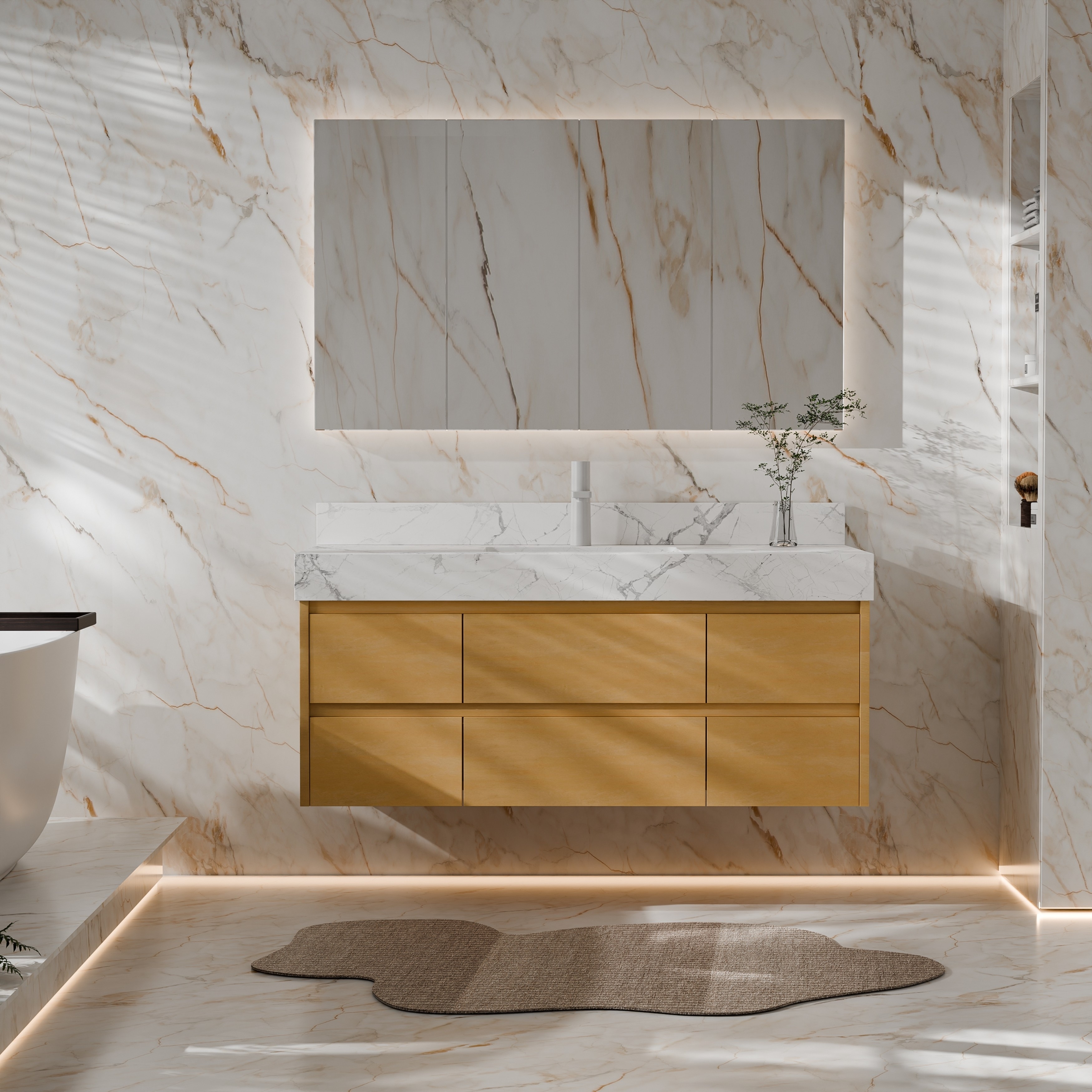 48 Inch Floating Wall-Mount Single Bathroom Vanity with Sink, Handleless Flat Panel and Built-in Ambient Lighting, Maple