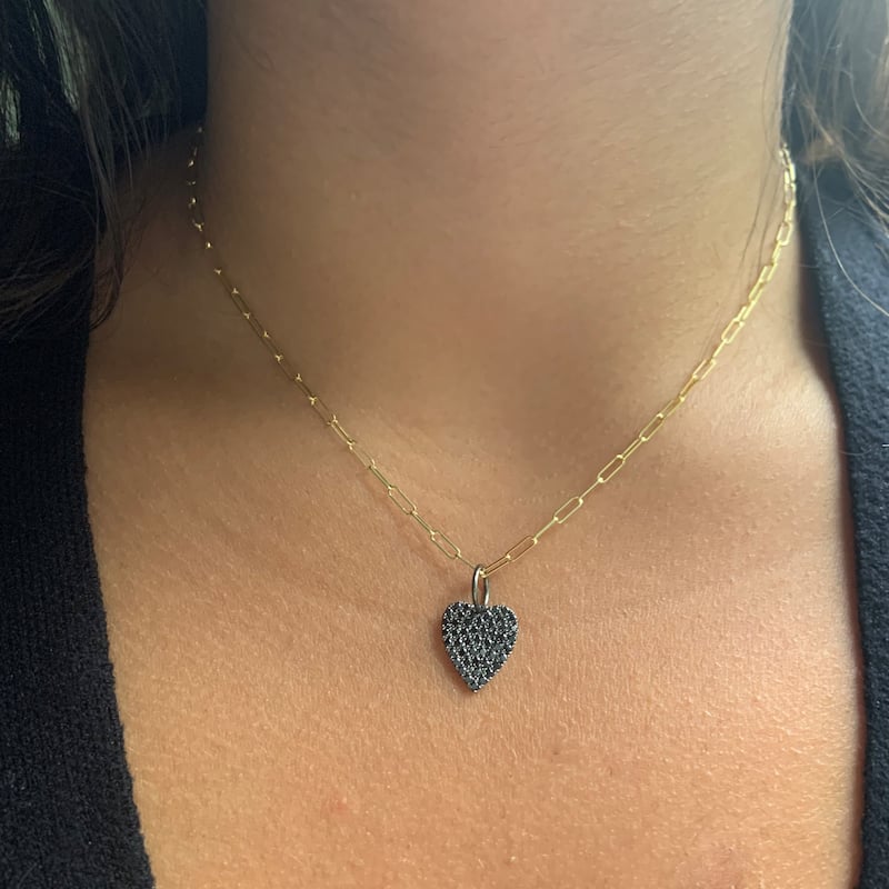 Joelle Collection Black Diamond Heart Necklace 14K Gold on 16-inch Paperclip Chain