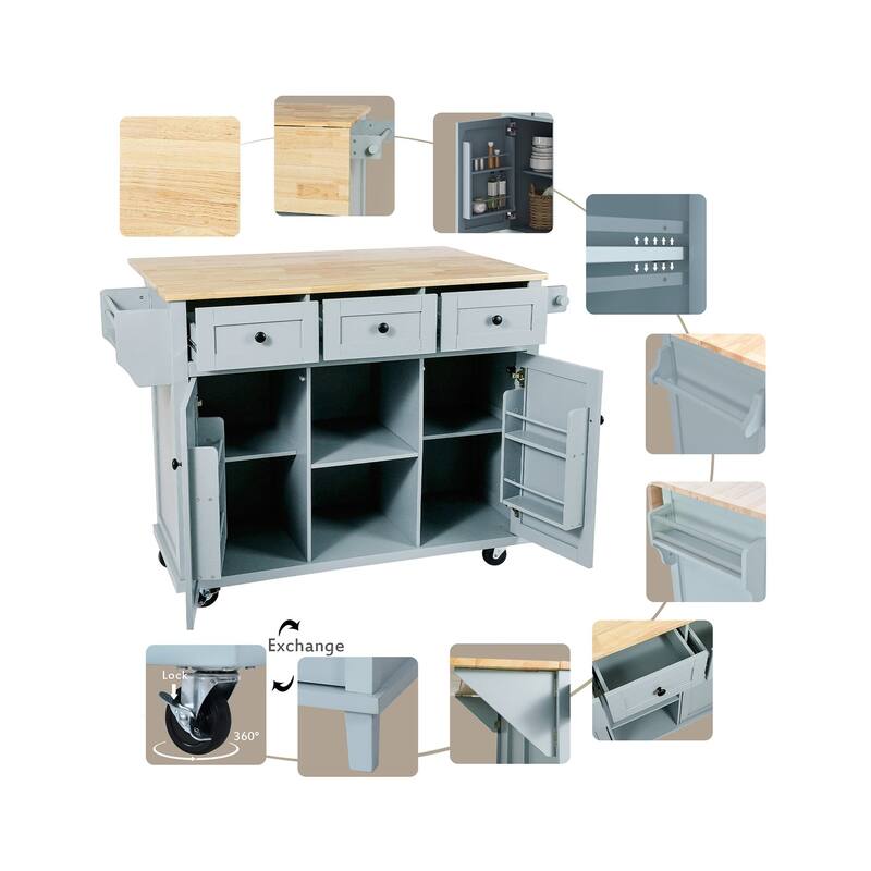 MDF Kitchen Cart Multifunctional with Storage Cabinet and 3 Drawers