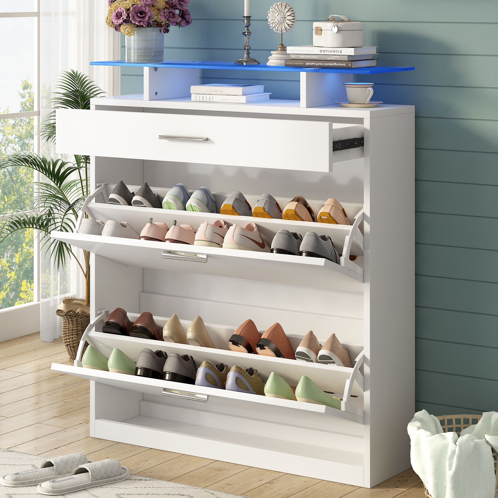 Entryway Shoes Organizer with 2 Flip Drawers, Free Standing Shoe Rack Shoes  Cabinet with LED Light and Glass Top - On Sale - Bed Bath & Beyond -  37909669
