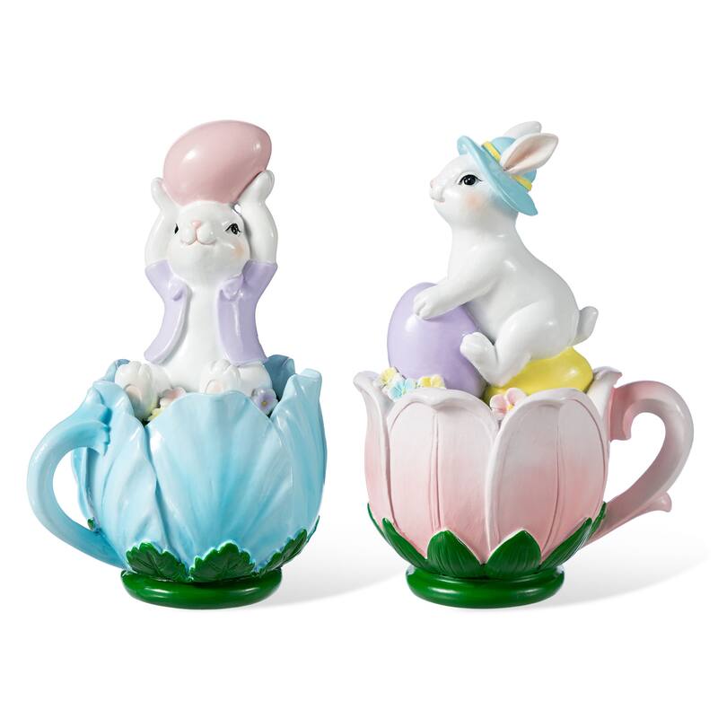 Glitzhome Set of 2 Easter Resin Bunny Table Decor Rabbits Figurines Party Ornaments
