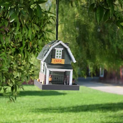 Alpine Corporation 9" Tall Wooden Farm Store Hanging or Table Outdoor Bird Feeder House, Black